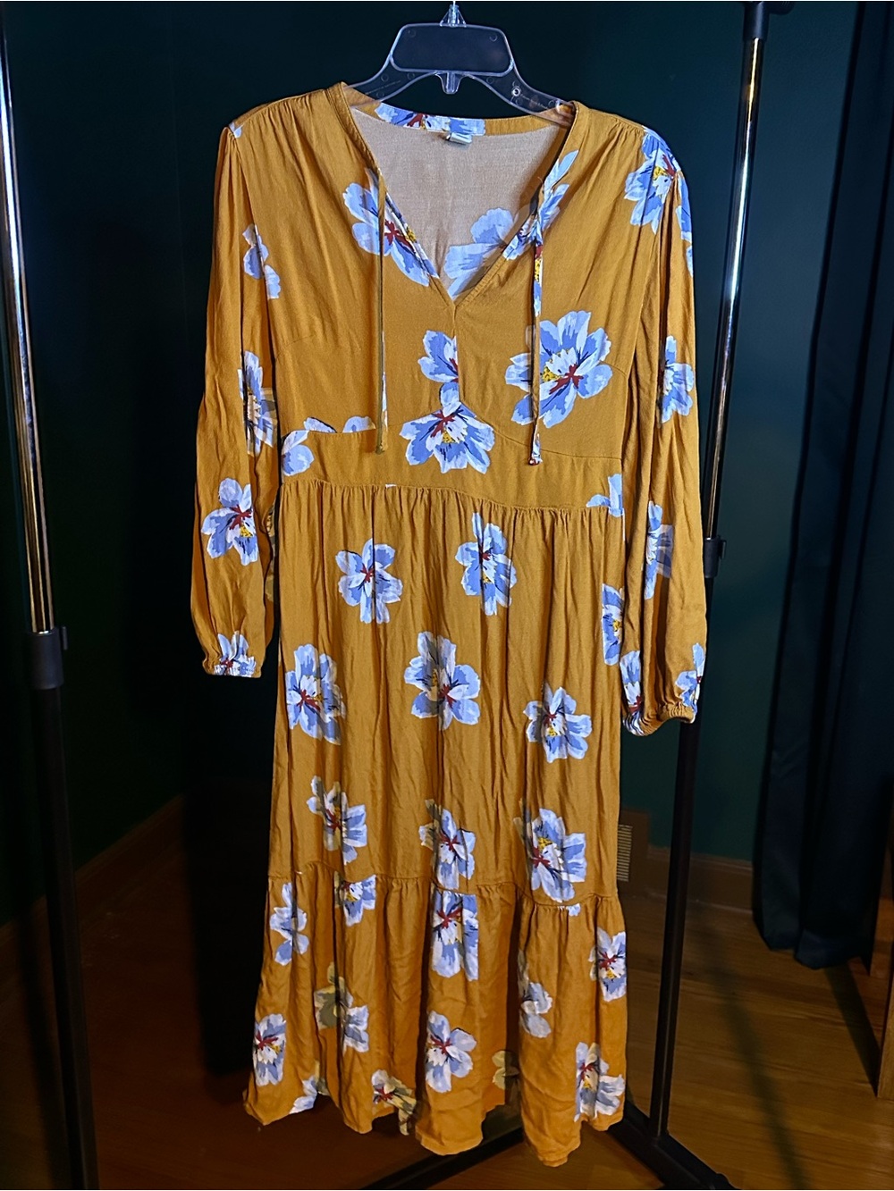 Old Navy Mustard Floral Tie-Neck Tiered Maxi Dress